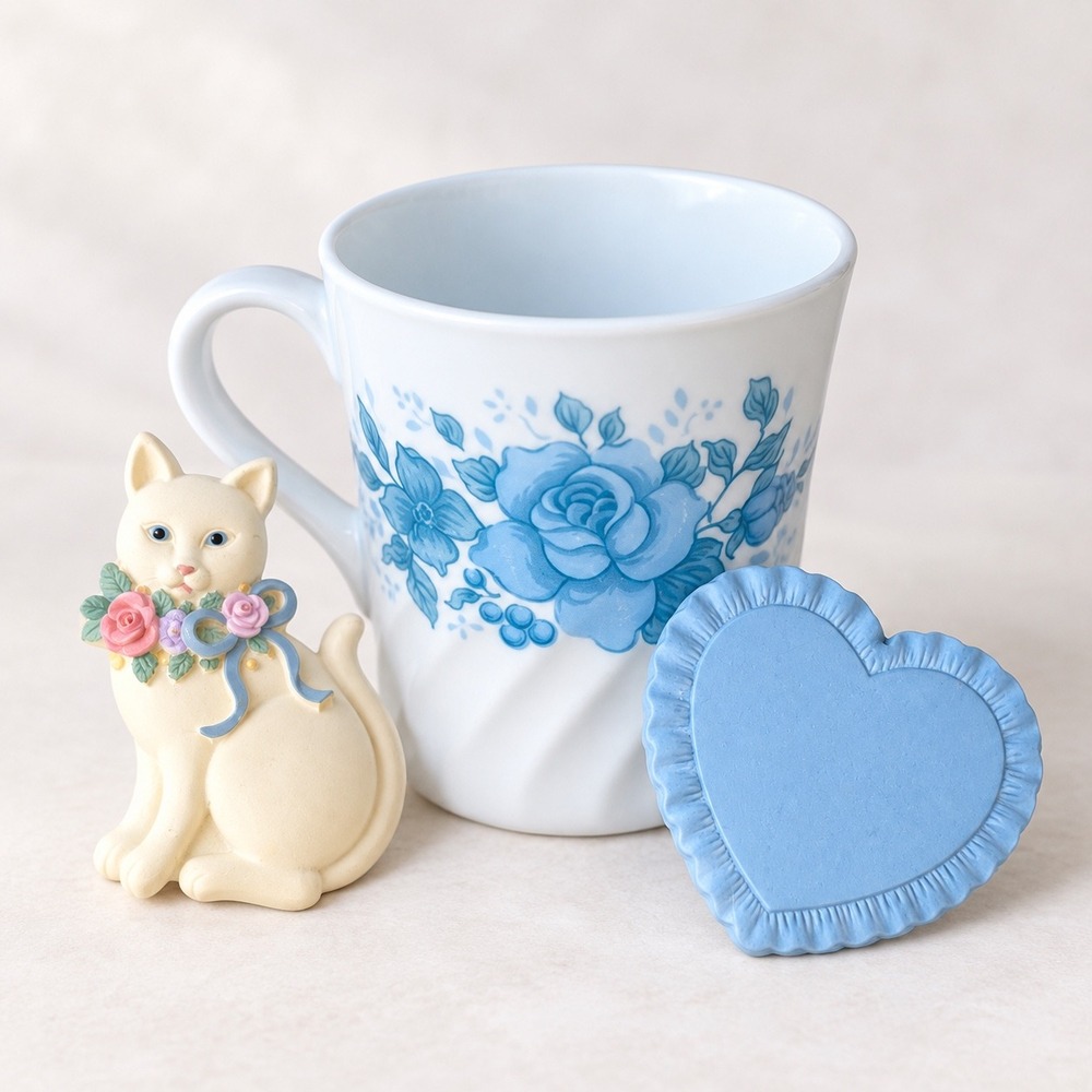 Vintage Corelle Morning Blue Coffee Mug Corning Milk Glass with Cat Heart Decor